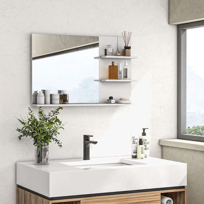 Espejo de Baño con 2 Estantes Laterales y Estante Inferior, Espejo de Pared, Estilo Moderno, para Entrada, Pasillo, 75x10x48 cm, Blanco