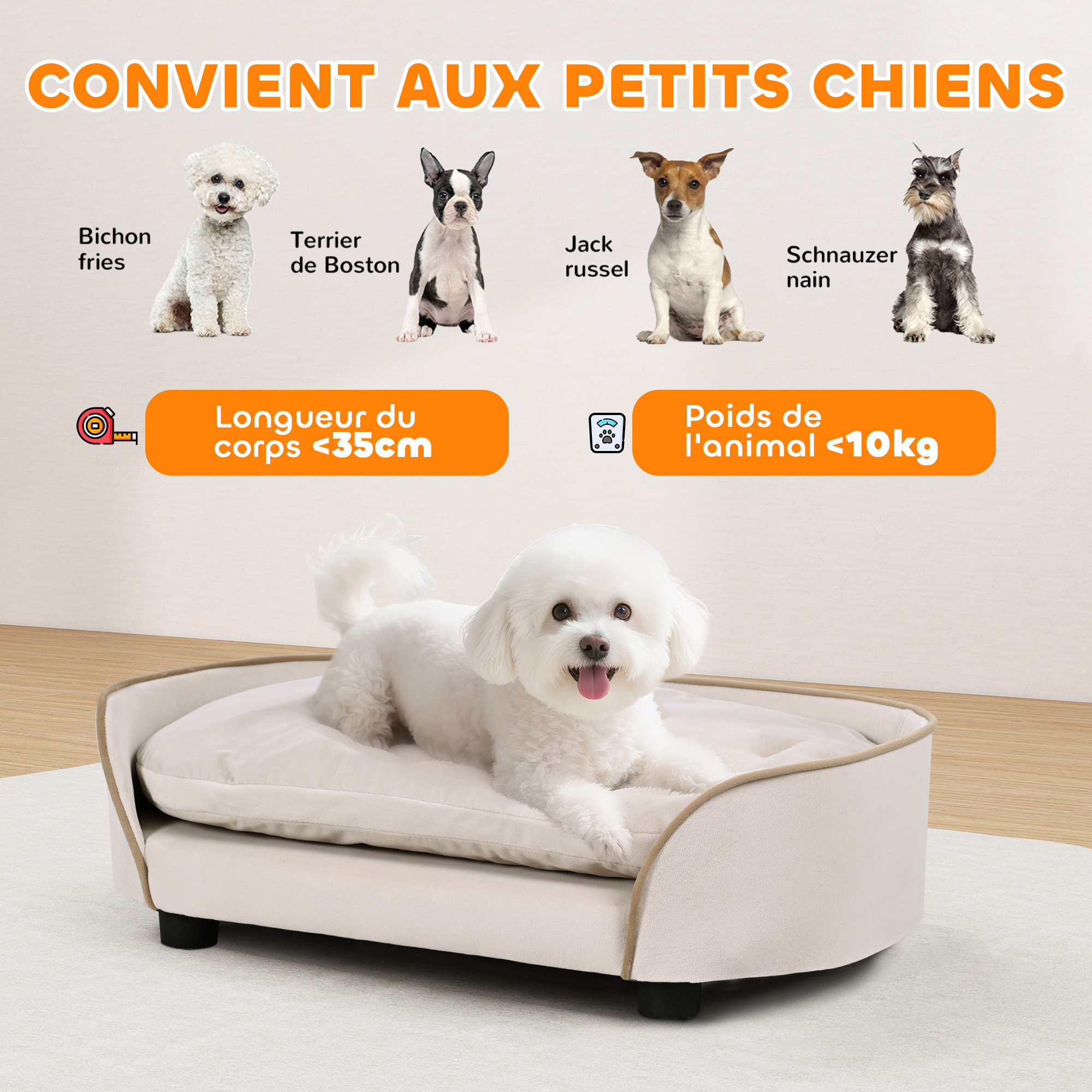 Canapé pour chien, canapé pour animal de compagnie avec coussin amovible et housse lavable, en velours, 66 x 43 x 19,5 cm, beige