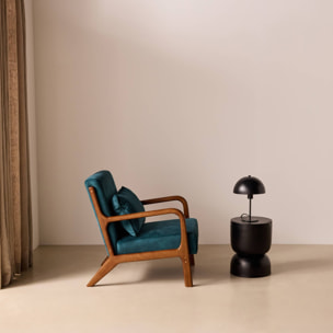 Fauteuil scandinave bois d'hévéa teinté noyer clair et velours LORENS