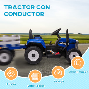 Tractor Eléctrico con Remolque Desmontable Coche Eléctrico para Niños 3-6 Años con Control Remoto Música MP3 Pantalla Luces y Cinturón de Seguridad 136,5x50x52,5 cm Azul