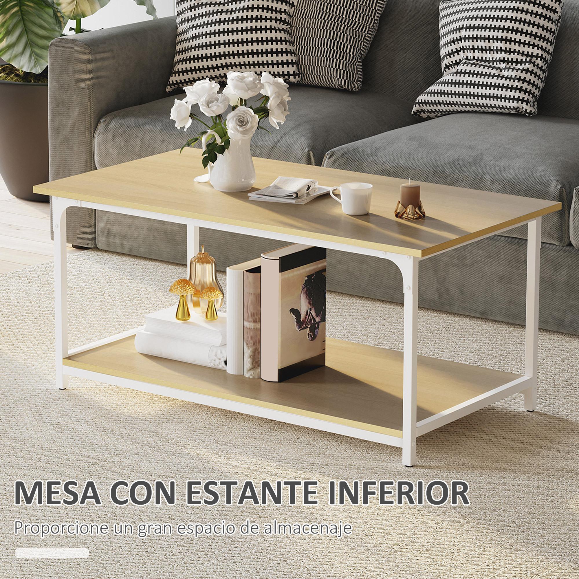 HOMCOM Mesa de Centro para Salón Moderna Mesa de Café con Estante de Almacenamiento Pies Ajustables y Marco de Acero para Oficina 100x54x45,8 cm Natural