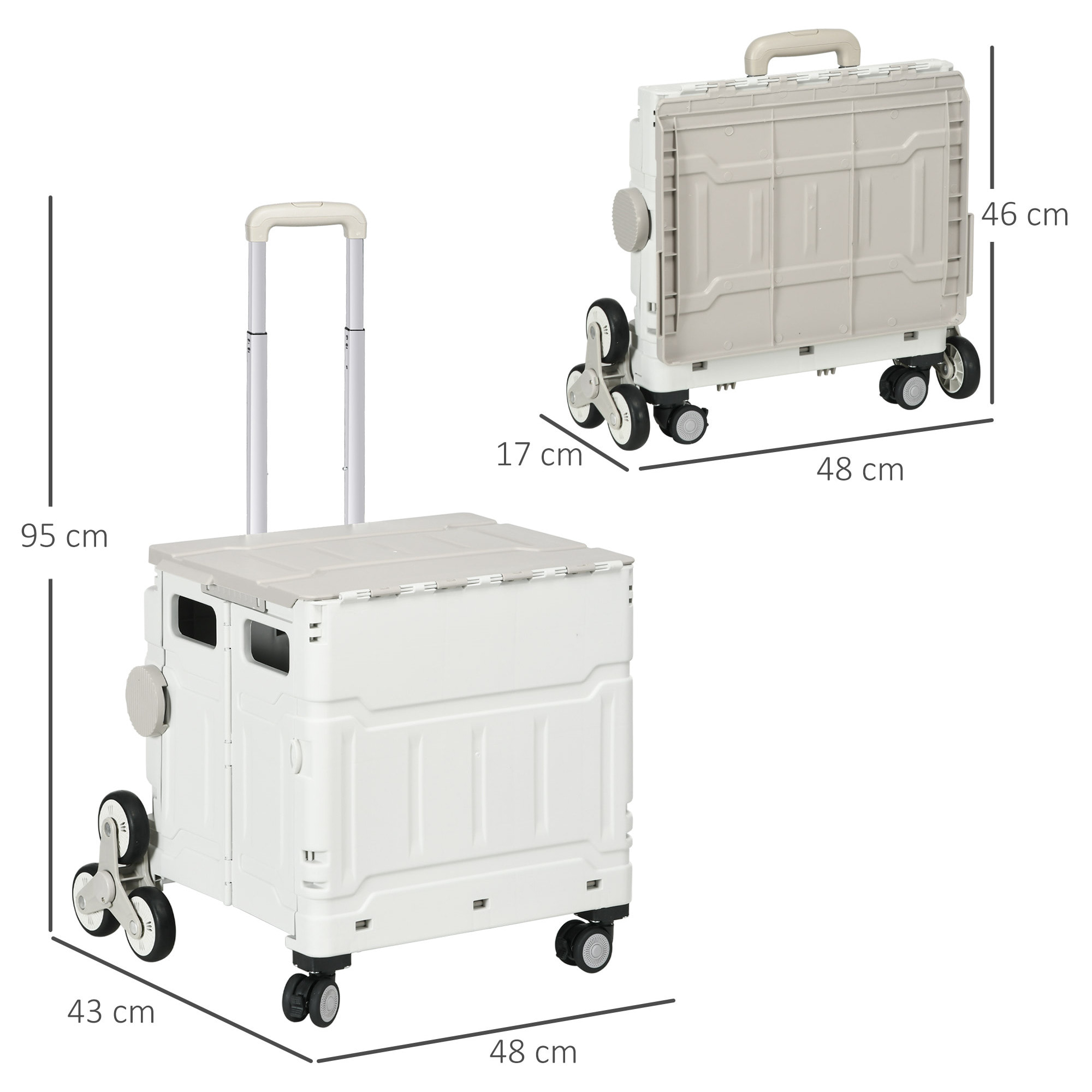 Carrito de la Compra Plegable Carrito para Supermercado con 2 Ruedas Longitud de Mango Ajustable Capacidad 35 Litros para Oficina Escuela Hogar 48x43x95 cm Blanco