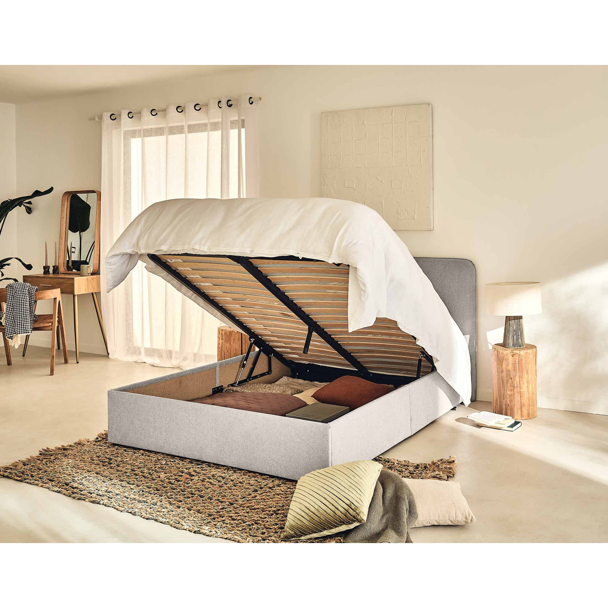 Goyave - lit coffre - 160x200 - en tissu - sommier inclus - Gris