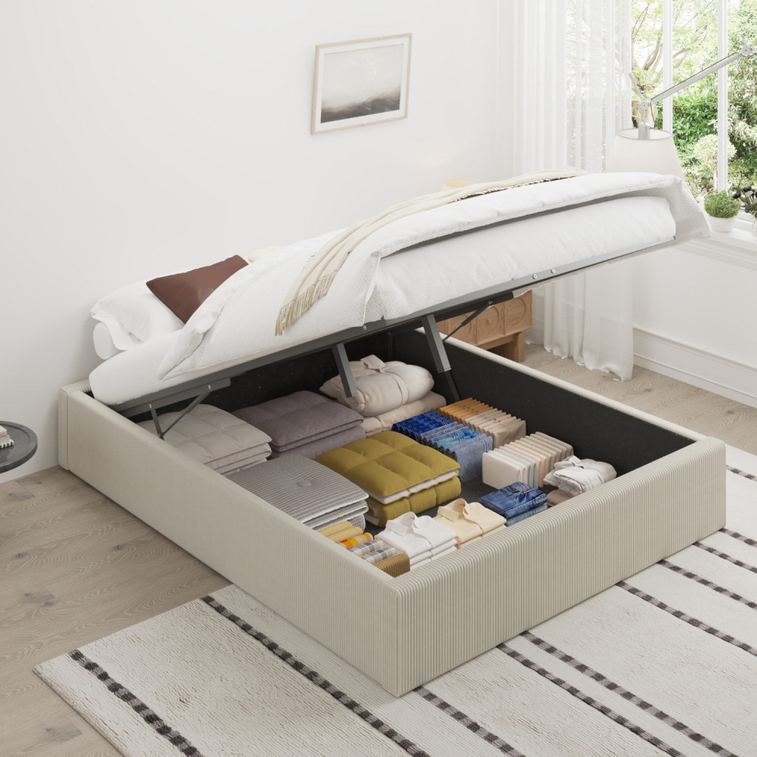 ABATE Lit avec coffre de rangement 140x190cm velours côtelé beige