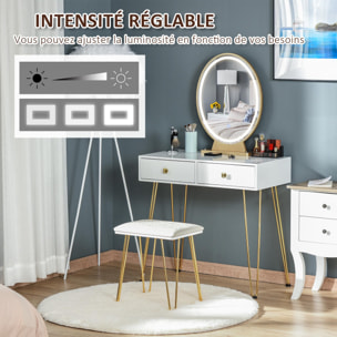 Coiffeuse design - miroir LED intégré - 2 tiroirs + 1 organisateur - tabouret inclus - métal noir MDF banc doré