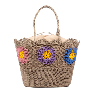 Villaga borsa a spalla donna. Realizzata in cotone, con fiori decorativi.
