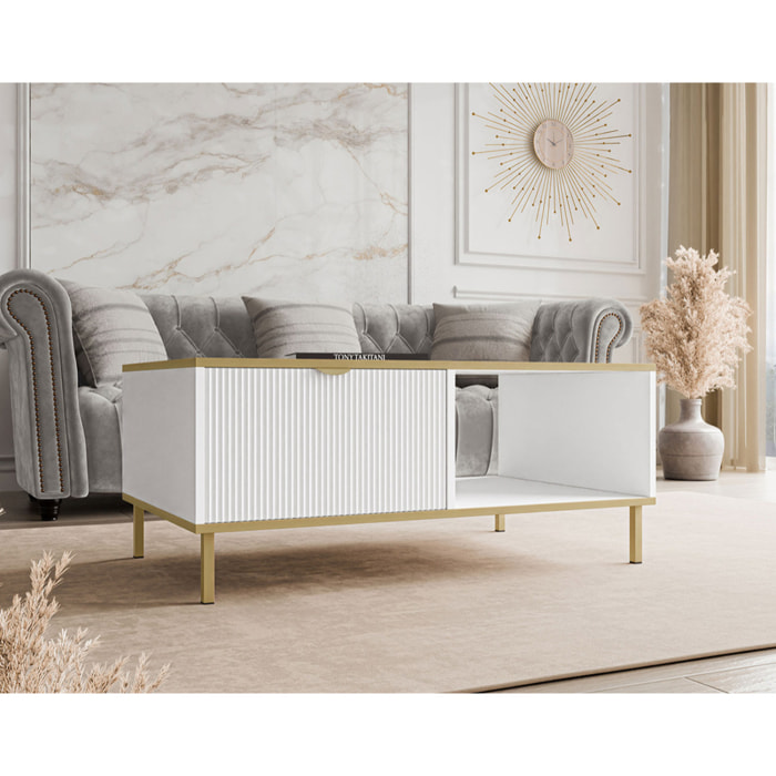 Hope - table basse 100 cm - 1 tiroir et 1 niche - Blanc / Doré