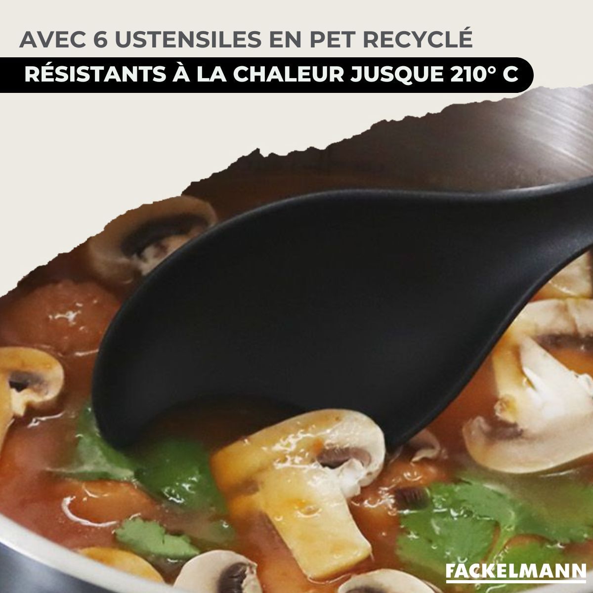 Set 1 poêle en inox et 1 couvercle verre, 3 faitouts inox et 6 ustensiles RPET Fackelmann Eterna