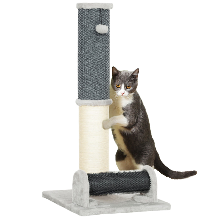 Poste Rascador para Gatos 85 cm Arañador para Gatos con Poste de Sisal Cepillo de Auto Acicalado y Bola de Juguete Gris y Crema