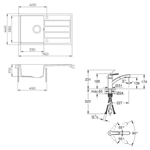 Evier avec égouttoir en granite à encastrer + mitigeur Grohe monocommande avec douchette 2 jets, noir mat (SATSINKGE3B-SET)