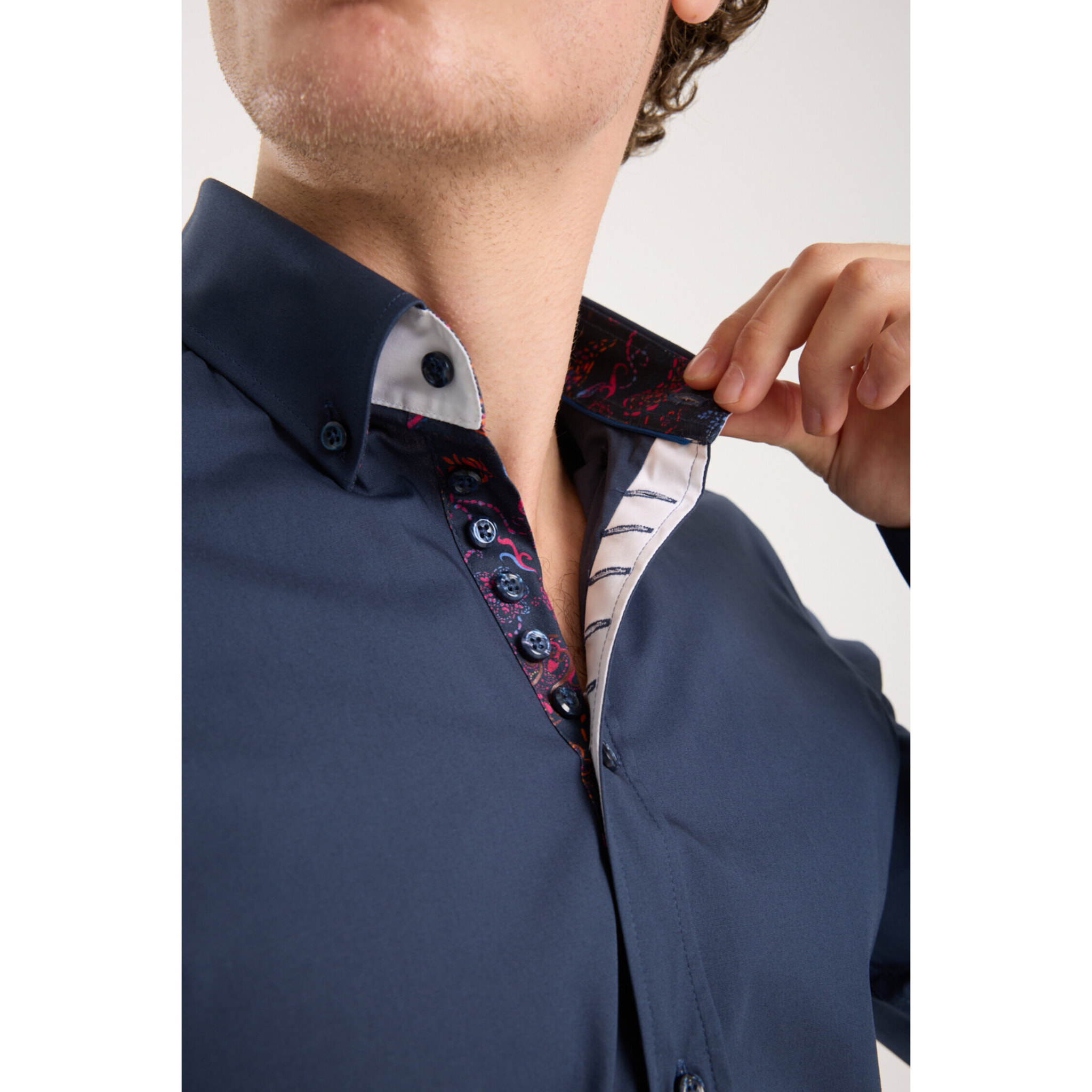 Camicia Uomo 1 Bottoni Button Down Slim Popeline Stretch Unito Blu