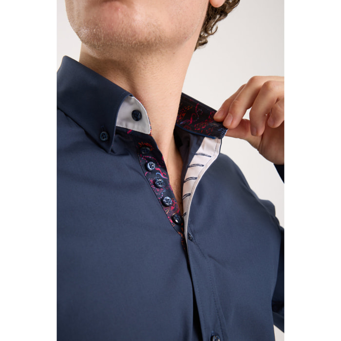 Camicia Uomo 1 Bottoni Button Down Slim Popeline Stretch Unito Blu