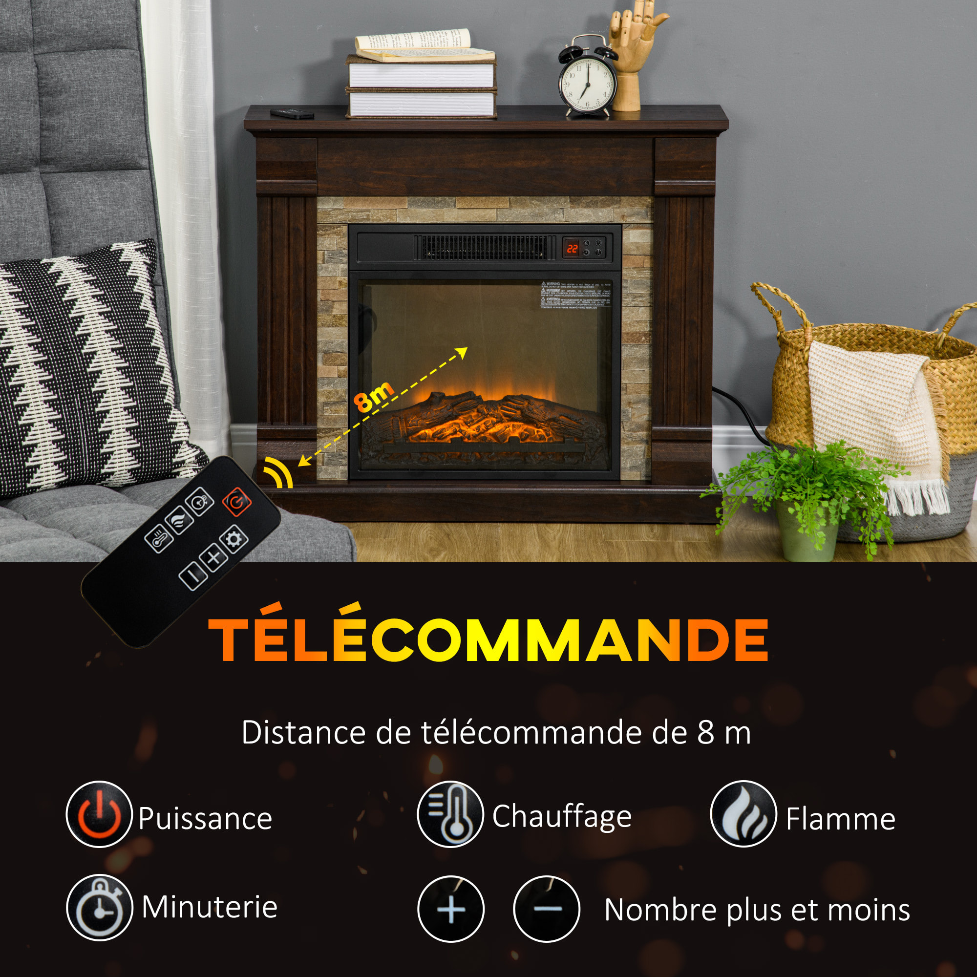Cheminée électrique 1800W design ranch effet bois foncé et pierre parement télécommande