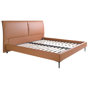 Cama de matrimonio con cabecero y estructura en polipiel marrón y patas de acero inoxidable en epoxi negro 205x212x110cm