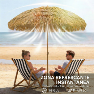 Sombrilla de Playa con Flecos de Paja Ø178 cm, Sombrilla de Terraza Exterior con Inclinación, Altura Ajustable, UV50+, Bolsa de Transporte, Anclaje de Arena, Marrón Claro