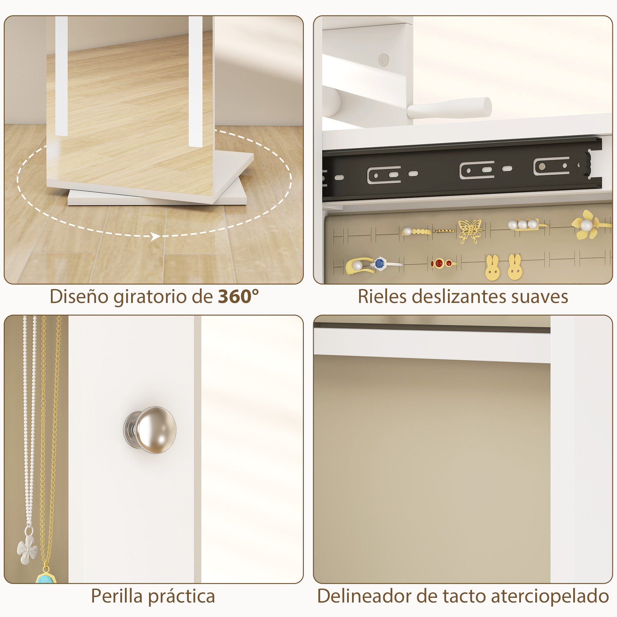 Espejo Joyero con Luces LED, Armario para Joyas, Armario Joyero con Espejo Entero, Perchero, Giratorio de 360°, Estantes Abiertos, Barras para Colgar, Blanco