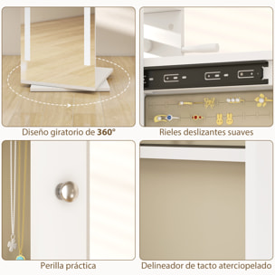 Espejo Joyero con Luces LED, Armario para Joyas, Armario Joyero con Espejo Entero, Perchero, Giratorio de 360°, Estantes Abiertos, Barras para Colgar, Blanco