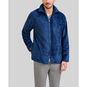 Bata hombre cremallera, Jacquard de cuadros, manga larga, y bolsillos laterales