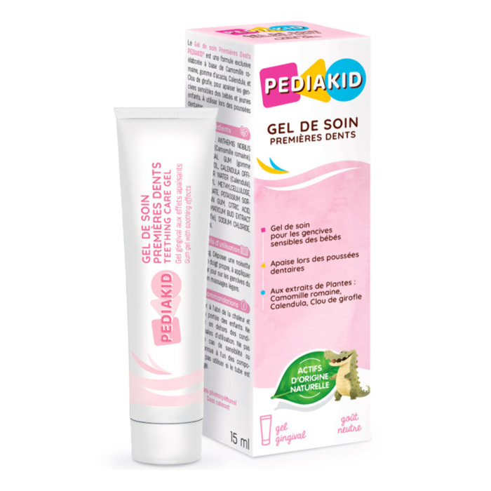 PEDIAKID - Gel de soin premières dents - Apaisant et protecteur naturel pour gencives - Gomme d'Acacia, Camomille, Calendula, Clou de Girofle - Goût Neutre - Dès la naissance - 15 ml