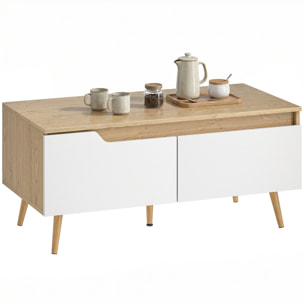 Mesa de Centro, Mesa baja para Salón Moderno con 2 Cajones, Patas de Madera de Pino, para Sala de Estar, Dormitorio, 100x50x46cm, Roble