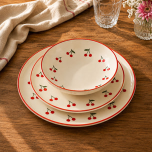 Lot de 6 assiettes creuses 20,5cm en grès rouge et blanc motif cerise CERISE