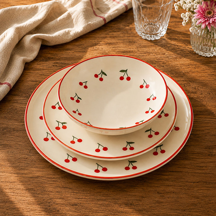Lot de 6 assiettes creuses 20,5cm en grès rouge et blanc motif cerise CERISE