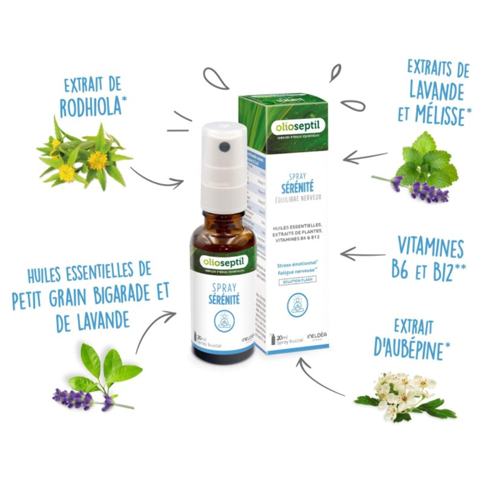 OLIOSEPTIL - Spray Sérénité - Complément alimentaire - Extraits de plantes, Huiles Essentielles & Vitamines - Aide l?organisme à s'adapter à la fatigue nerveuse, stress émotionnel - Spray buccal 20ml