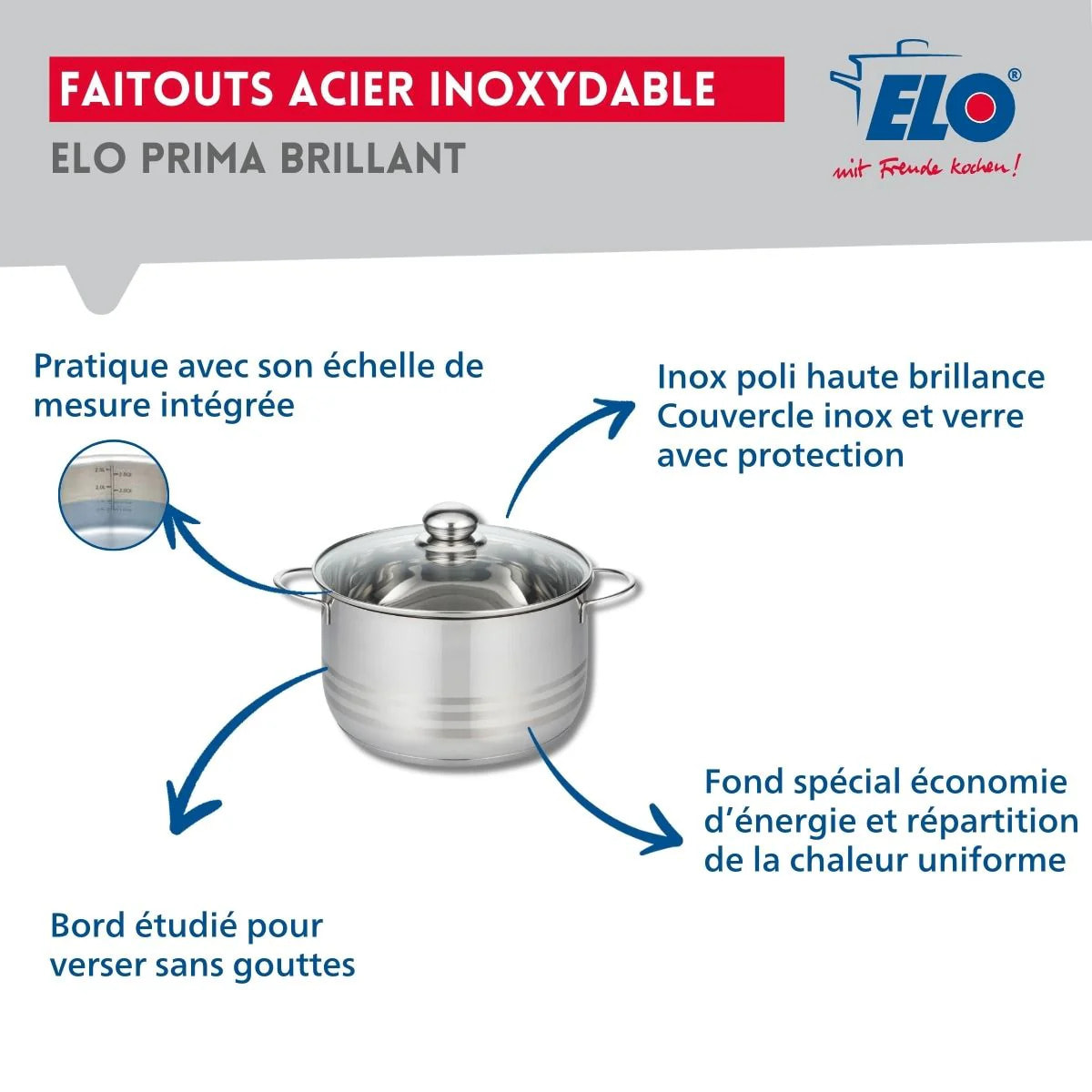 Ensemble de 2 Poêles de cuisson 24 et 32 cm et 1 faitout 20 cm Elo Profi Brillant