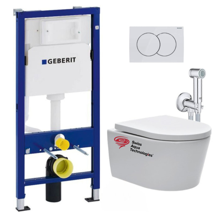 Pack WC sans bride SAT, fixations invisibles + Abattant softclose + Bâti support Geberit UP100 + Plaque + Douchette Grohe