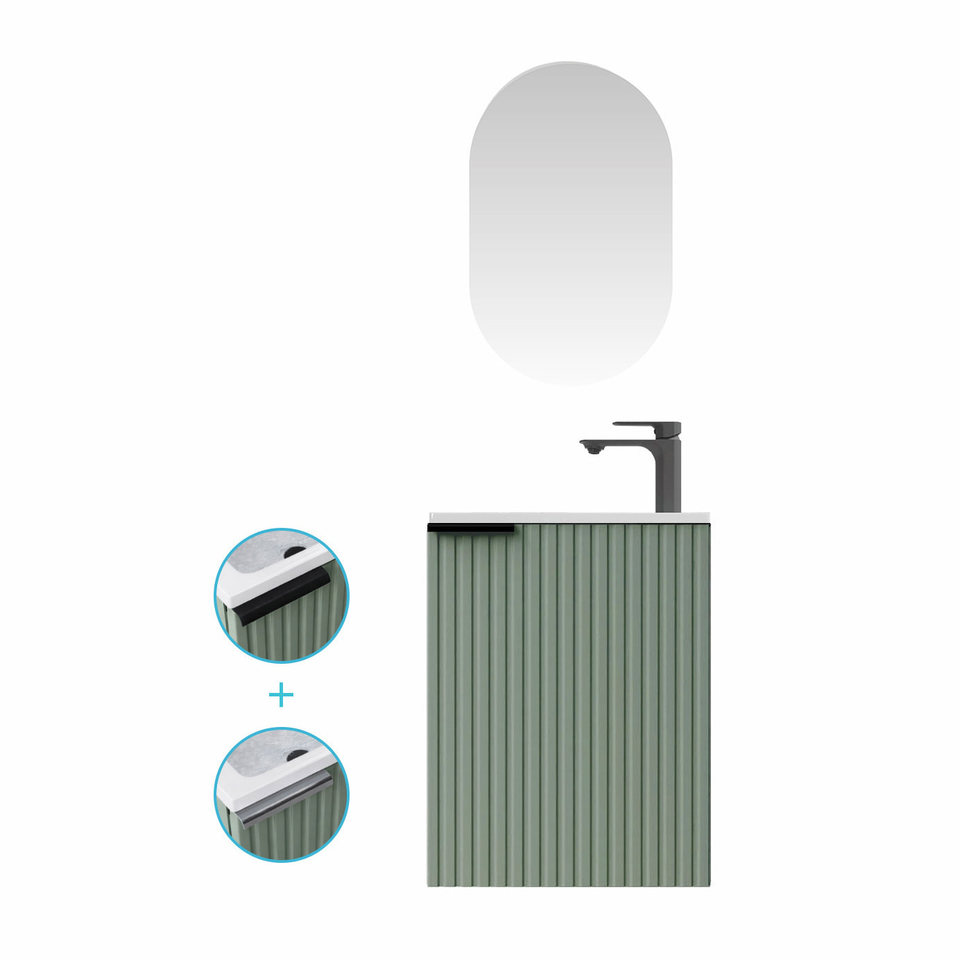 Ensemble meuble lave mains MDF ondulé vert 40x50x22cm et miroir ovale - MILO