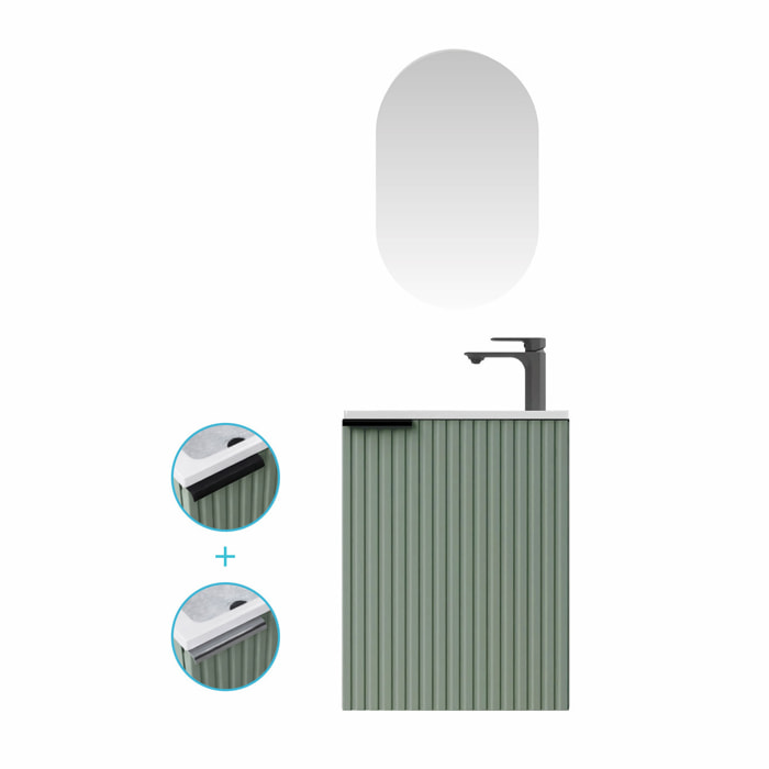 Ensemble meuble lave mains MDF ondulé vert 40x50x22cm et miroir ovale - MILO