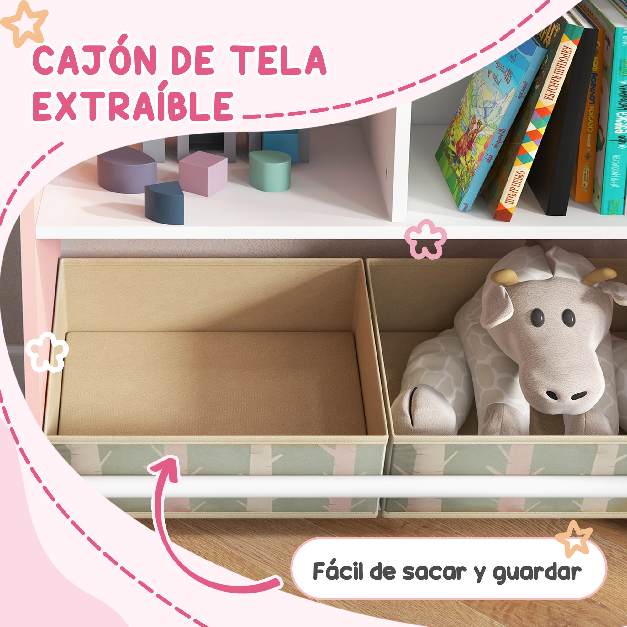 Conjunto para Niños Incluye 1 Estantería para Juguetes con Pizarra Pintable 2 Cajas de Tela no Tejida y 1 Mesa Infantil con 2 Sillas para Dormitorio Sala de Juegos Rosa