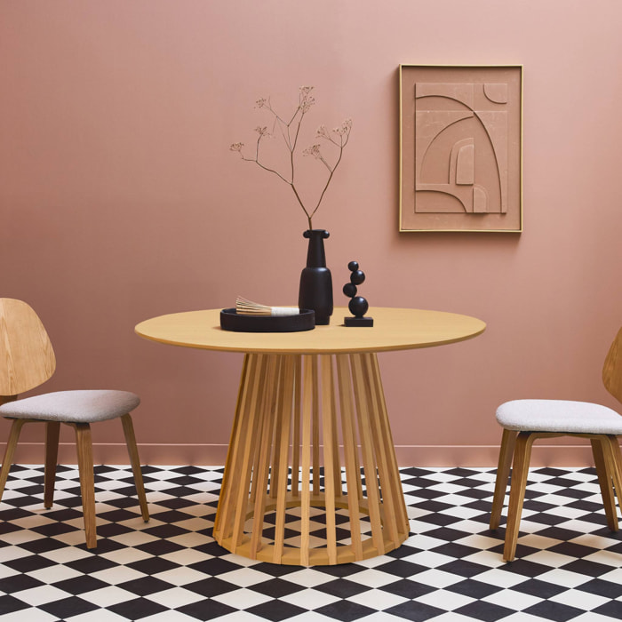 Table à manger effet bois chêne pieds bois de sapin 4 places Ø120cm