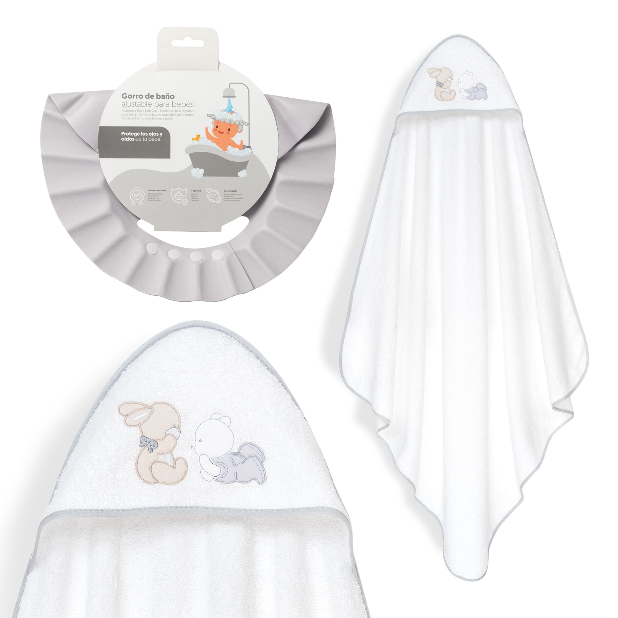 Capa Baño 1X1 Mod Oso Tumbado Conejito+Gorro Bco/Gris