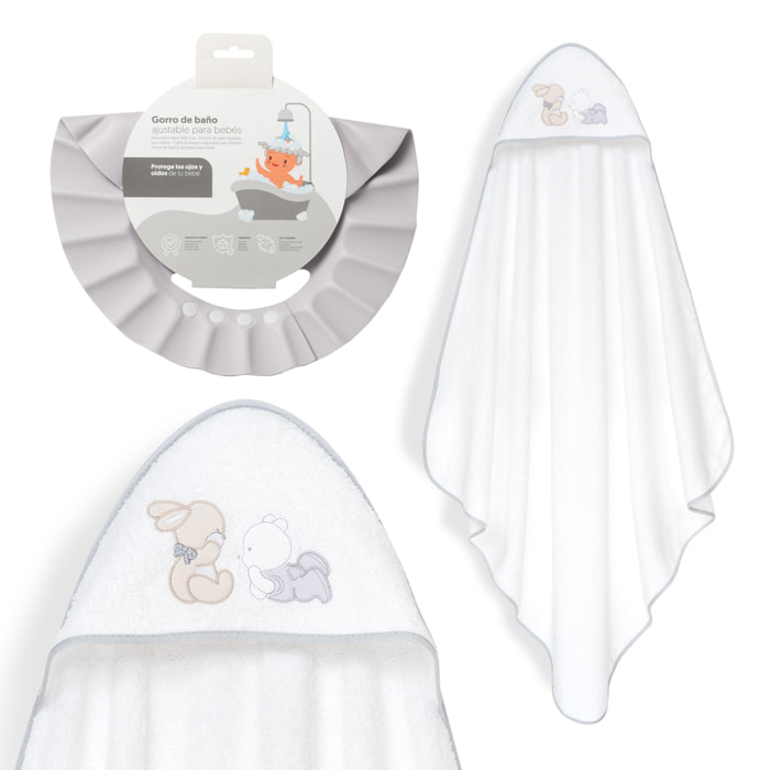 Capa Baño 1X1 Mod Oso Tumbado Conejito+Gorro Bco/Gris
