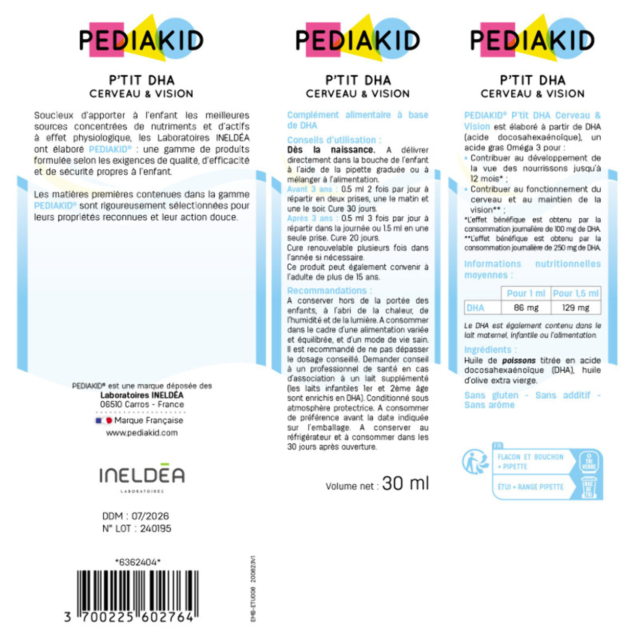 PEDIAKID - P'TIT DHA Cerveau & Vision - Favorise le développement des fonctions cognitives et de la vision - Riche en DHA d'origine naturelle - Dès la naissance - Flacon de 30ml - Lot de 2