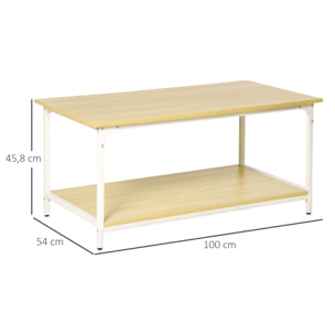 HOMCOM Mesa de Centro para Salón Moderna Mesa de Café con Estante de Almacenamiento Pies Ajustables y Marco de Acero para Oficina 100x54x45,8 cm Natural