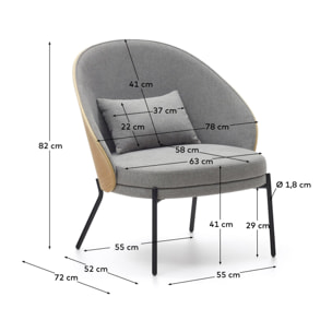 Kave Home - Poltrona Eamy grigio chiaro impiallacciato frassino finitura naturale e metallo nero