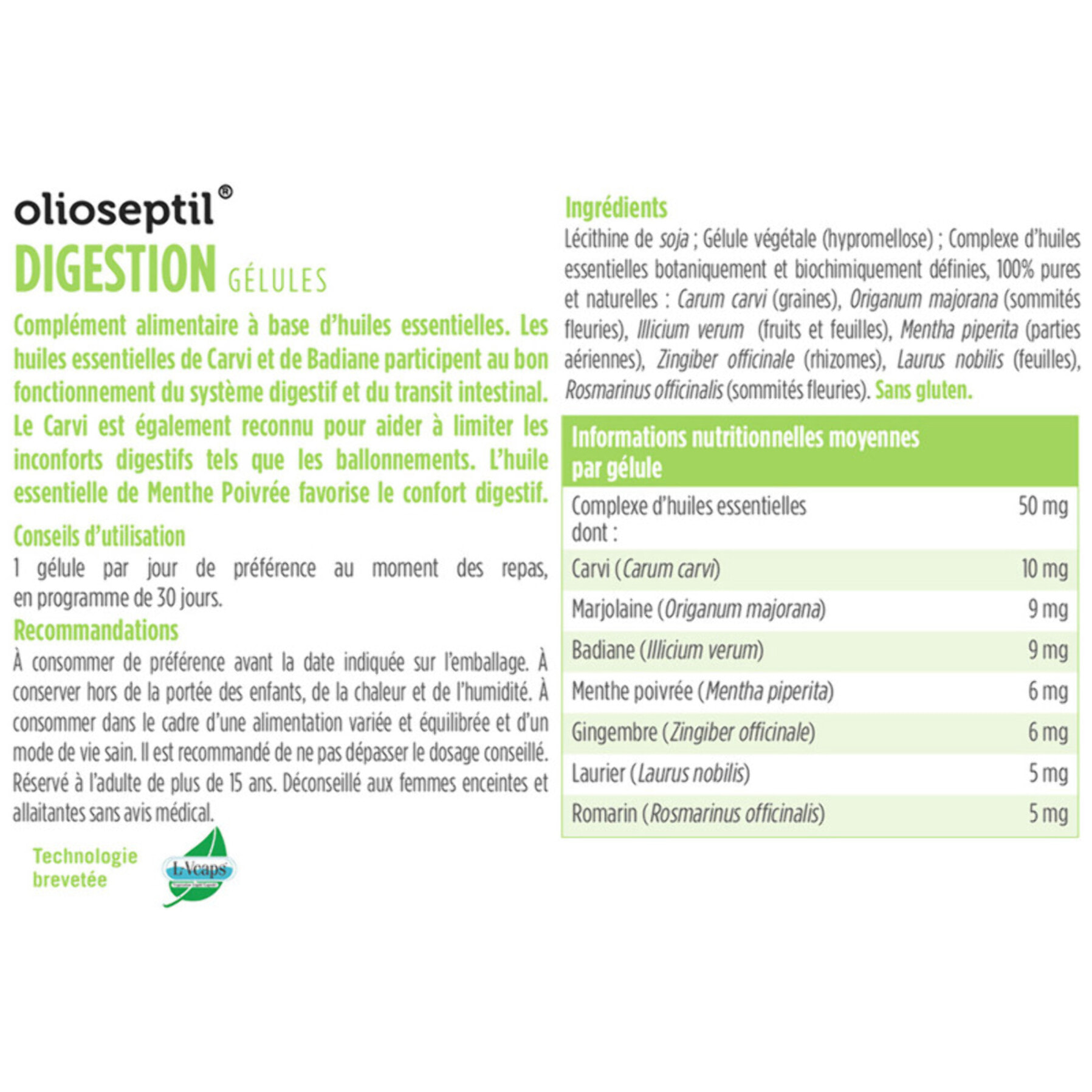 OLIOSEPTIL - Gélules Digestion - Favorise le Confort Digestif & Améliore le Transit - Réduit les Ballonnements - Complexe d'Huiles Essentielles 100% Pures et Naturelles - Sans Gluten - Lot de 3