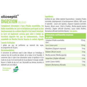 OLIOSEPTIL - Gélules Digestion - Favorise le Confort Digestif & Améliore le Transit - Réduit les Ballonnements - Complexe d'Huiles Essentielles 100% Pures et Naturelles - Sans Gluten - Lot de 3