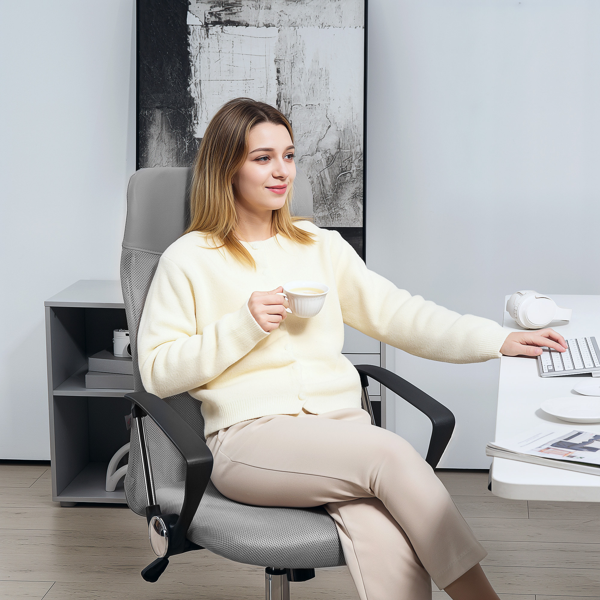Silla de Oficina de Malla Silla de Escritorio Giratoria con Altura Ajustable Función Basculante Respaldo y Asiento Transpirable Carga 120 kg para Estudio Gris Claro
