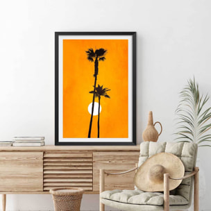 Affiche paysage Sunset palm Affiche + cadre en bois - Noir