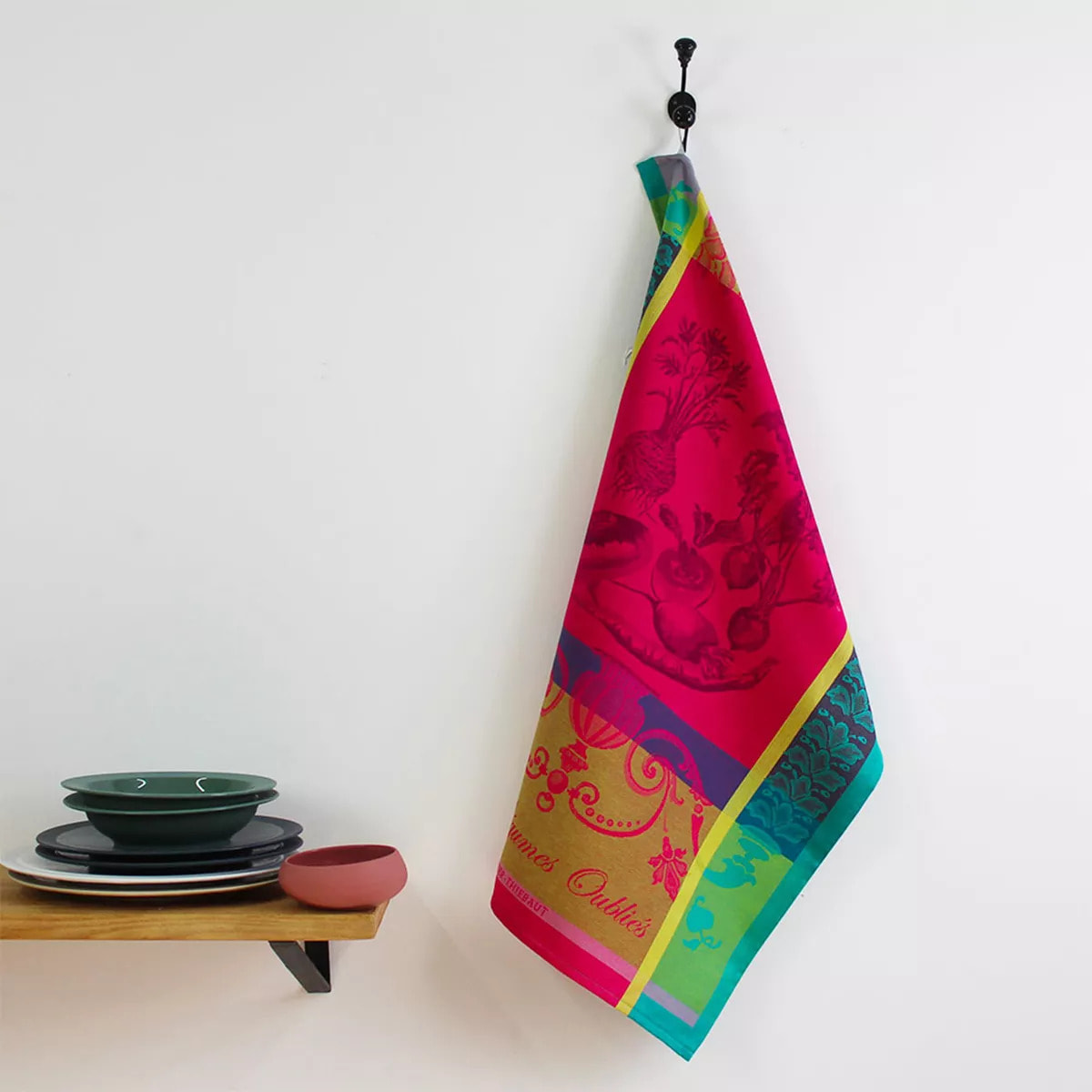Torchon pur coton motif jacquard rose Legumes oublies fuchsia