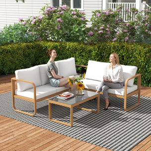 Conjunto de Jardín Exterior de 3 Piezas Muebles Jardín Exterior con Sofá de 3 Plazas con Asiento Ajustable Sofá de 2 Plazas y Mesa de Centro de Vidrio con Cojines Crema