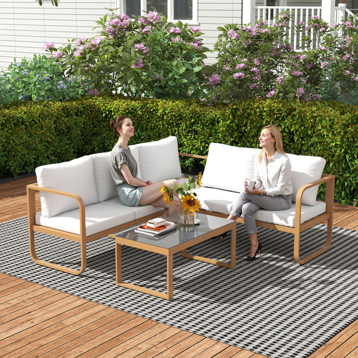 Conjunto de Jardín Exterior de 3 Piezas Muebles Jardín Exterior con Sofá de 3 Plazas con Asiento Ajustable Sofá de 2 Plazas y Mesa de Centro de Vidrio con Cojines Crema