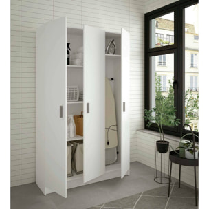 Armadio multiuso grande Ranuncolo, Guardaroba ausiliario a 3 ante, Scarpiera con ripiani, Mobile porta scope, 109x37h180 cm, Bianco