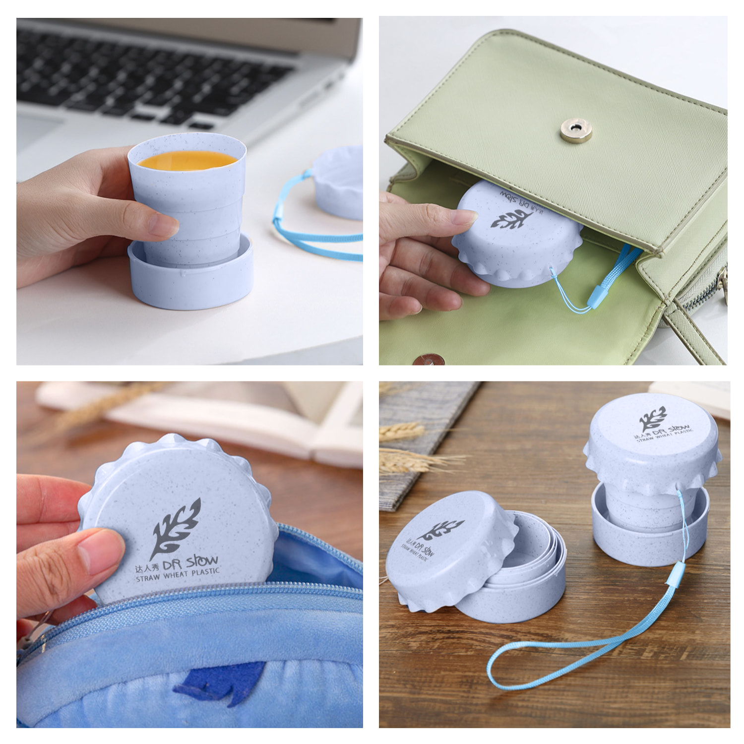 Bicchiere pieghevole in fibre naturali 130ml. Realizzato in canna da frumento, con lanyard per appendere.