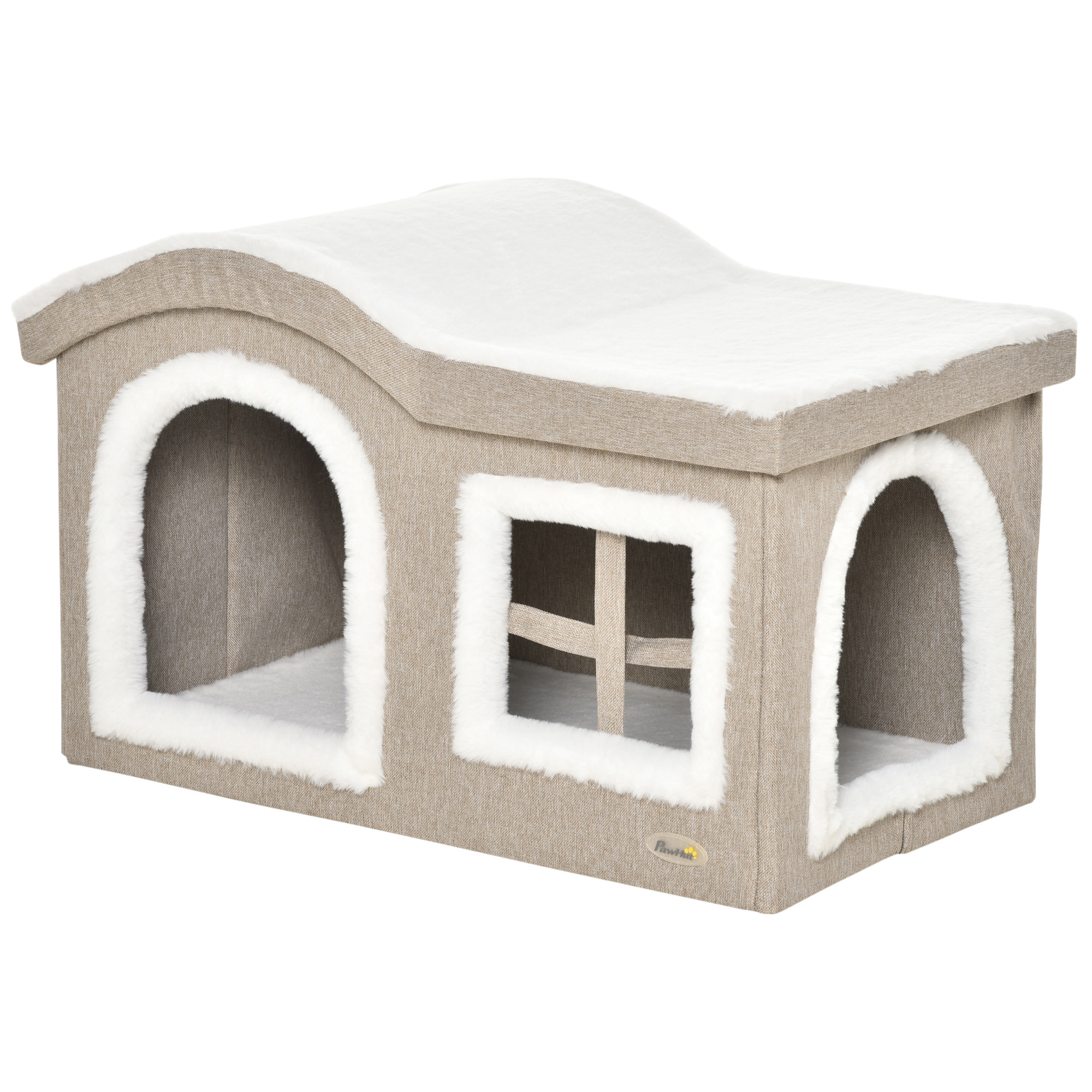 Casa Plegable para Gatos Interior Cueva para Gatos Grande con Tapa Extraíble Cojines 2 Entradas y Ventana Taburete para Gatos 63,5x37x40 cm Beige