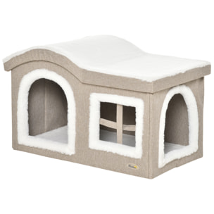 Casa Plegable para Gatos Interior Cueva para Gatos Grande con Tapa Extraíble Cojines 2 Entradas y Ventana Taburete para Gatos 63,5x37x40 cm Beige