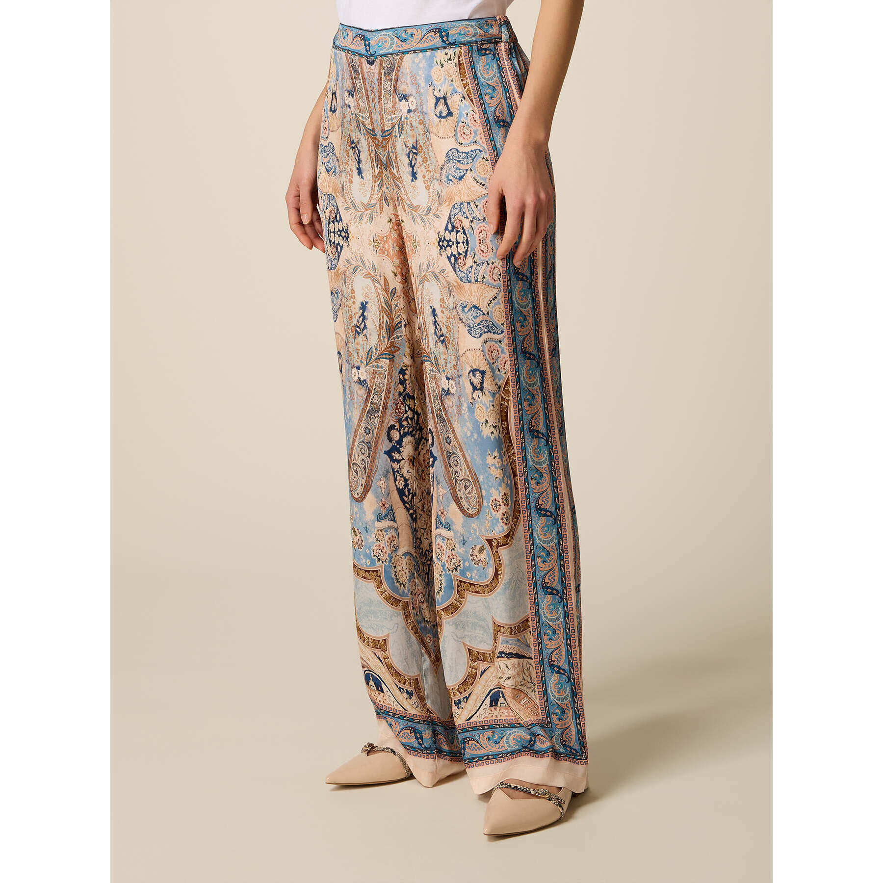 Oltre - Pantaloni palazzo in raso fantasia - Azzurro